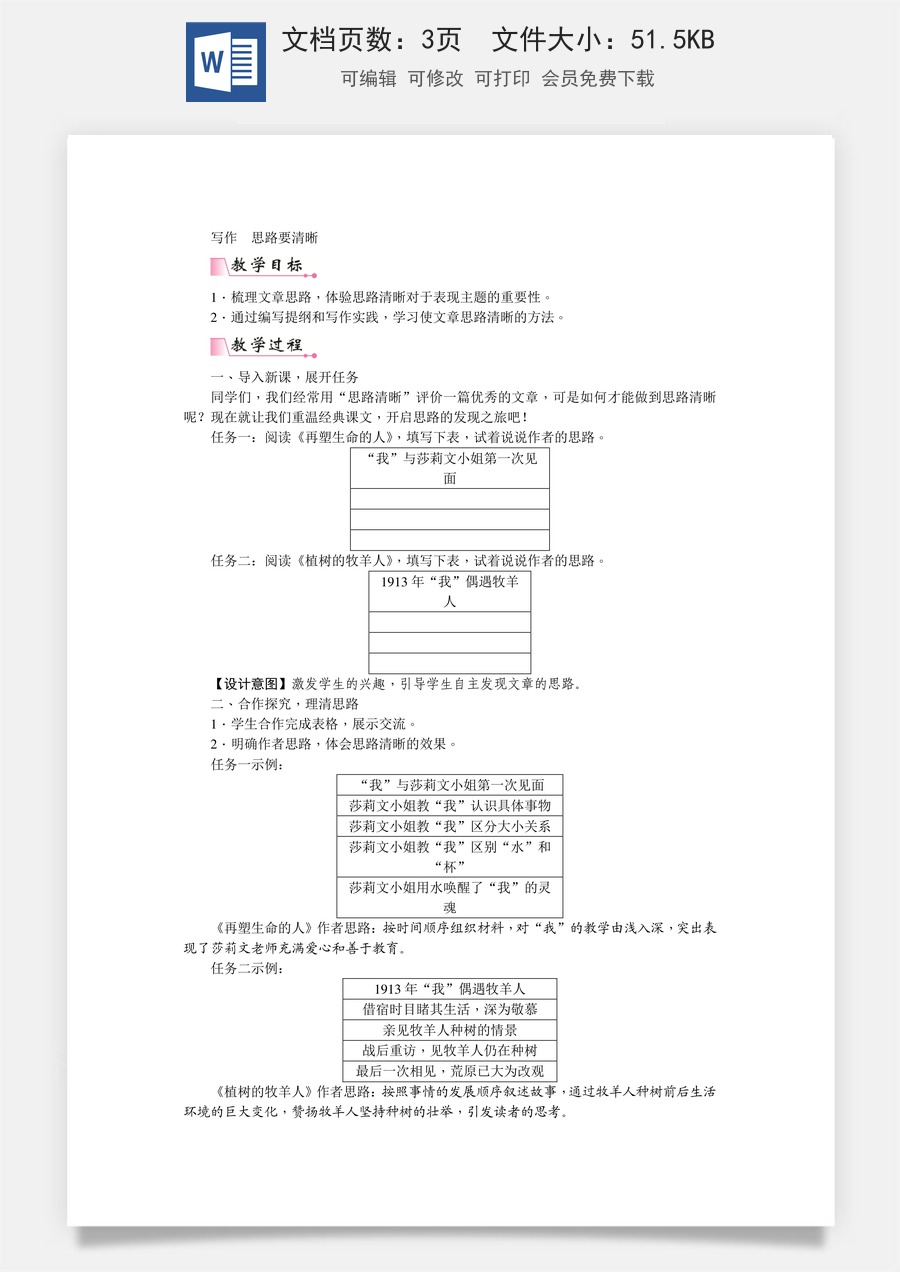 初中七年级上册语文教案第四单元写作  思路要清晰  教案.doc